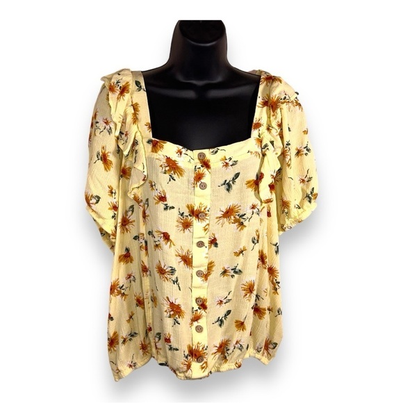 1X MAURICES YELLOW FLORAL BLOUSE STRETCH RUFFLE SHORT SLEEVE - Picture 1 of 12